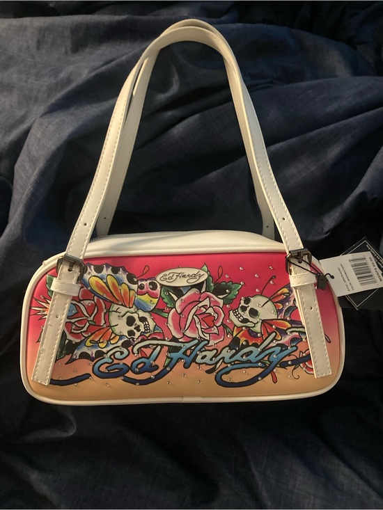 Ed Hardy Handbags - Ed Hardy White Shoulder Bag with Pink and Peach Tattoo Print